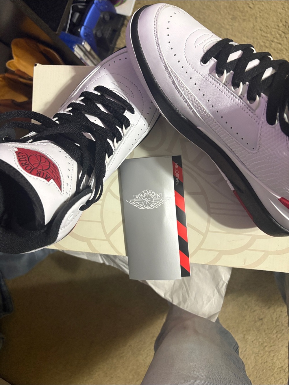 Air Jordan 2 Basketball Sneakers in White and Black with Red Accents. Worn once